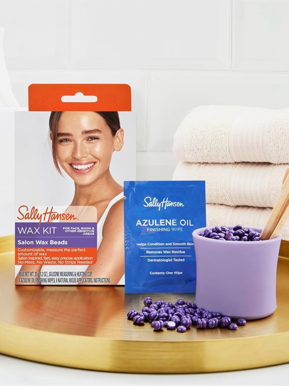 Sally Hansen Purple Salon Wax Kit beads with Azulene Oil Finishing Wipe